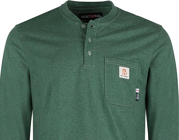 BOCOMAL FR Shirts 6oz Lightweight Flame Resistant Long Sleeve Henley Shirt Fire Retardant Workwear NFPA2112 CAT2