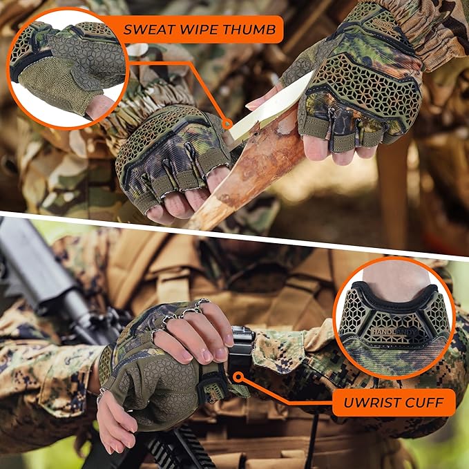 HANDLANDY Fingerless Work Gloves for Mens & Women, Uwrist Half Finger Shock-Absorbing Breathable Glove