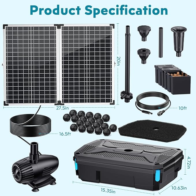 POPOSOAP 55W Solar Pond Filter with Fountain Pump, Solar Powered Water Pump with 580GPH Pond Filter for Outdoor Ponds with Filter Medias for Koi Ponds, Waterfalls, Garden Water Features