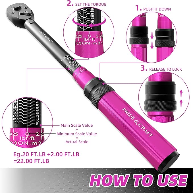 PRIDE&CRAFT 3/8 Inch Drive Click Torque Wrench, 3% High Precision Adjustable Dual Direction, 72-Tooth, 5-50 lbf.ft/6.8-68 Nm Torque Wrench for Bike, Motorcycle and Car Repair, Pink Black