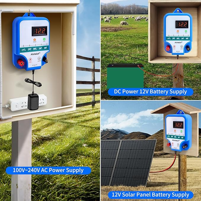 Electric Fence Charger for Livestock - 10 Miles 3 Joule Output Multi Power Electric Fence Controller Livestock Fencing Accessories Kit