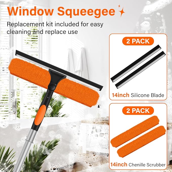 14" Window Squeegee with Extension Pole,26FT Reach High Window Washers for High Outside Windows,Professional Window Cleaning Tool Kit Include Replacement,180°Rotatable Squeegee for Indoor/Outdoor