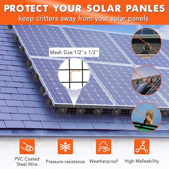 6in x 120ft Solar Panel Bird & Critter Guard Kit, Includes 100 Fastener Clips, 100 Cable Ties, Gloves, Pliers & PVC Coated Wire Mesh for Bird, Critters Control