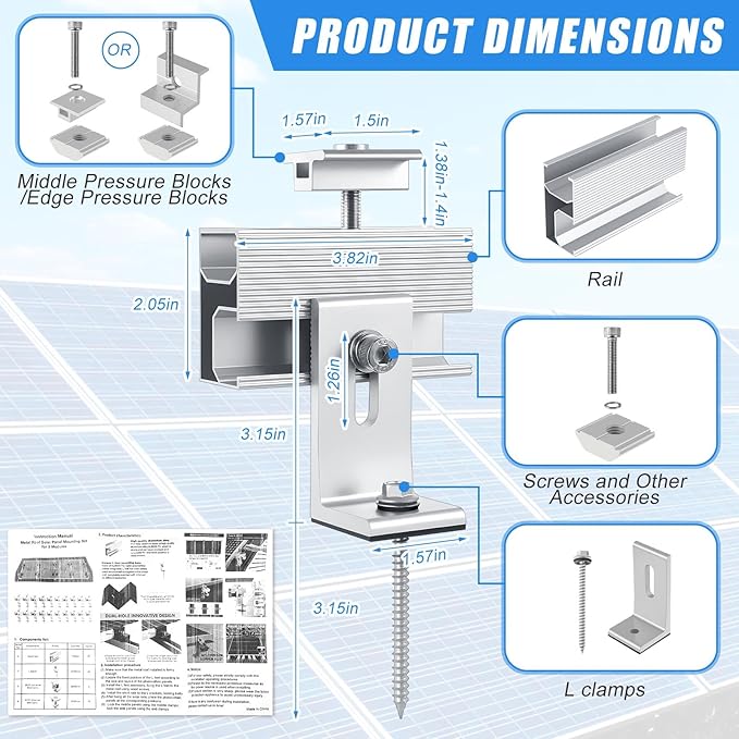 40 Pcs Solar Panel Mounting Brackets Kit for 1-18 Pieces Adjustable Aluminum Alloy Mounting Stand Support Photovoltaic Flat Pitched Roof Bracket for Slate, Tile, Cement, Wooden, Tin Roof