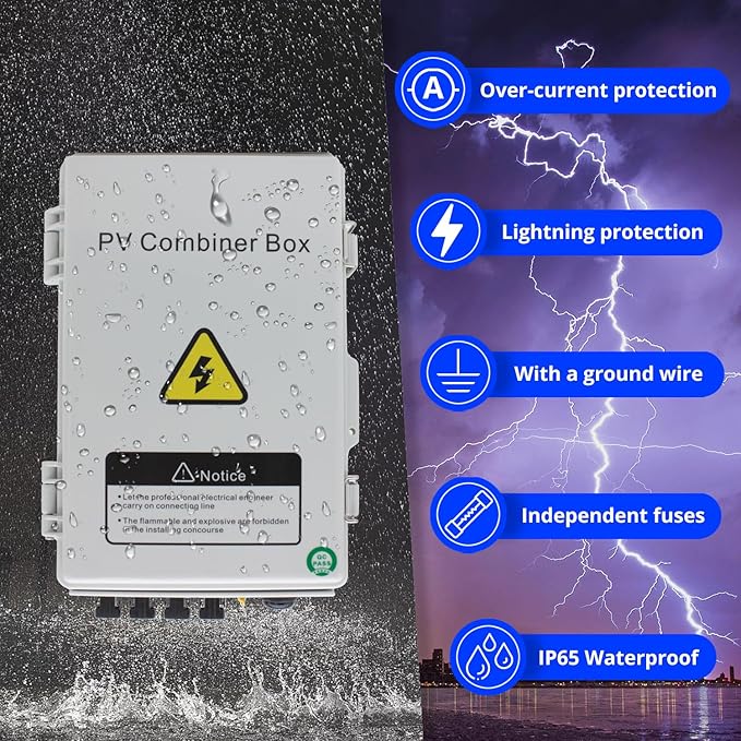 PV Solar Combiner Box with 550V DC Breaker, Enhanced Lightning Protection, and 15A Fuse - Engineered for Reliable Grid-Tied and Off-Grid Applications