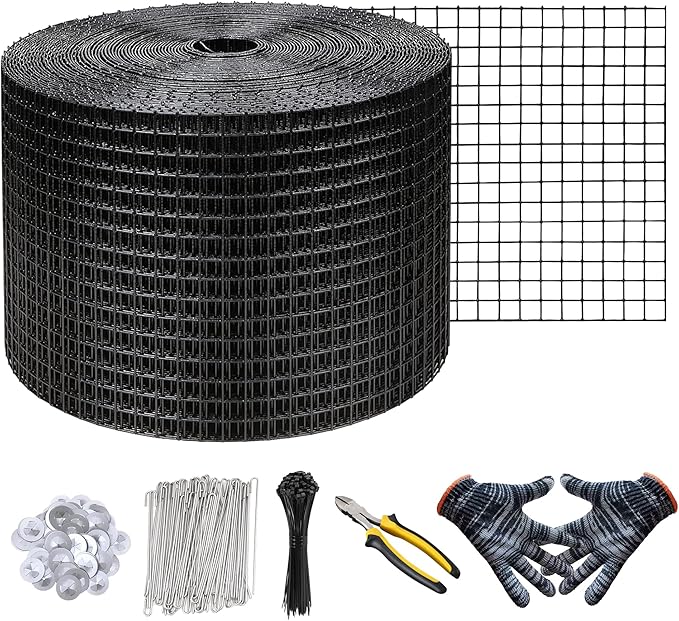KASTLITE Solar Panel Bird Guard Mesh Kit - 6in x 100ft PVC Coated Galvanized Wire Screen, 100 Stainless Clips, Pliers & Gloves - No Drill Critter Shield, Rodent Barrier Fence for Under Panels, Black