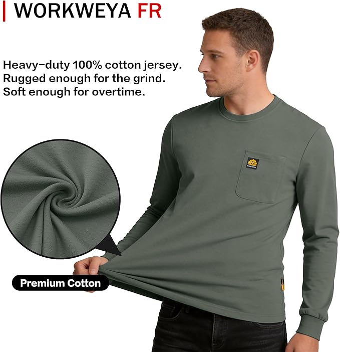 WORKWEYA Men's FR Shirts 6.5oz Lightweight Long Sleeve Flame Resistant T-Shirt NFPA 2112/CAT2