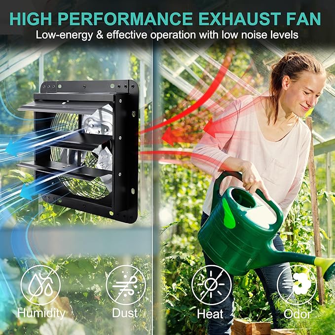 7 Inch Shutter Exhaust Fan, Wall Mounted Attic Fan with Power Cord for Greenhouse, Shed, Garage, Barn, Chicken Coop Ventilation, 760 CFM, Black