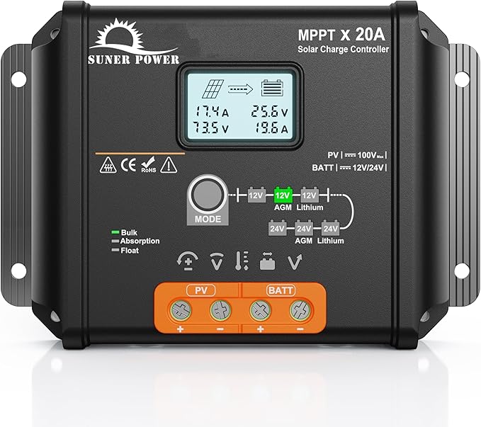 SUNER POWER 20 Amp 12V 24V MPPT Solar Charge Controller, LCD Display, 20A Solar Panel Charging Regulator with Temp Sensor for 12Volt 24Volt Lead-Acid, AGM, Gel, Flooded and Lithium LiFePO4 Battery