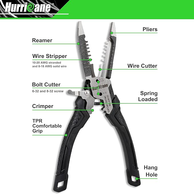 HURRICANE 6-in-1 Wire Stripper, Crimping Tool, Wire Cutter Stripping Tool, Multifunctional Electrical Pliers for Cable Stripper, Wire Crimper(8-18 AWG Solid, 10-20 AWG Stranded)