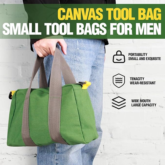 Small Tool Bag, Canvas Tool Storage Bag, Large Capacity Multipurpose Zipper Soft Tote Organizer Pouch for Electrician, Plumbing, Gardening,Tools Bags for Men (Green, 14 Inch)