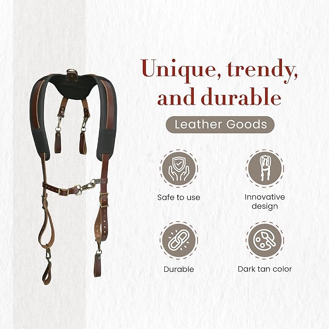 Style n Craft Padded Leather Work Suspender System with D-Ring Loops, Heavy-Duty Suspenders for Men, Leather Belt Straps, Adjustable to Fit Most Sizes, Dark Tan (98214)