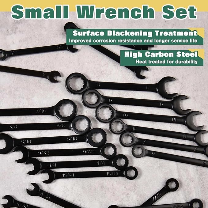 20PCS Mini Wrench Set Standard Metric and SAE 4mm-11mm & 5/32"-7/16" Open End and Box End Combination Wrench Set Super with Storage Roll Pouch and Key Rings, Black Electrophoretic Coating