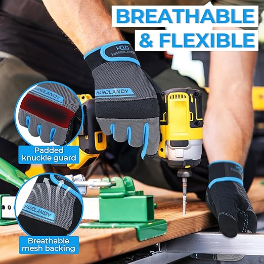 HANDLANDY Work Gloves Men & Women, Utility Mechanic Working Gloves Touch Screen, Flexible Breathable Yard Work Gloves (Large, Grey)