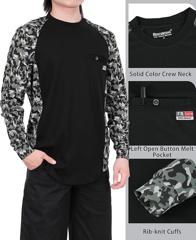 BOCOMAL FR Shirts Crewneck 5.5oz Lightweight Cotton Paisley Camo Two-Tone Flame Resistant Long Sleeve CAT2 Work Shirt