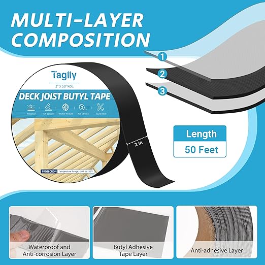 Butyl Joist Tape for Decking 2" x 50', 4 Rolls Weather-Resistant Deck Joist Tape, Waterproof and Anti-Corrosion, Self-Adhesive Flashing Joists Tape for Wood Decks Beams Roof
