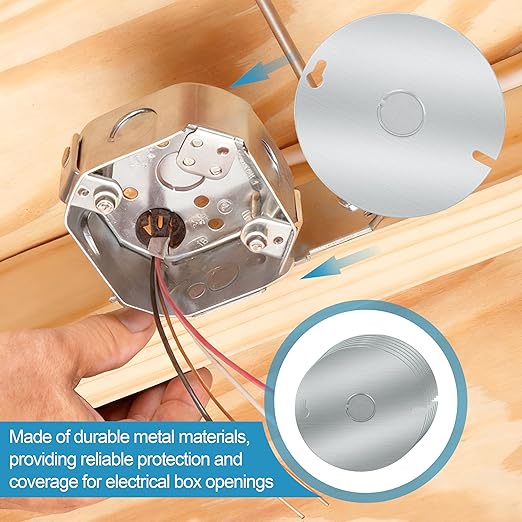Round Electrical Box Cover, 4 Inch Metal Junction Box Covers with 1/2 Inch Knockout, Flat Outlet Box Cover for 4 inch Round Box and Octagonal Box（6pcs）