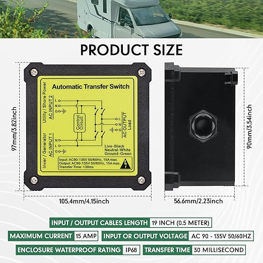 15 Amp Automatic Transfer Switch for RV,Speedboats,Travel Trailer,Camper Van,120V Generator Transfer Switch for Inverter/Shore Power/Generators