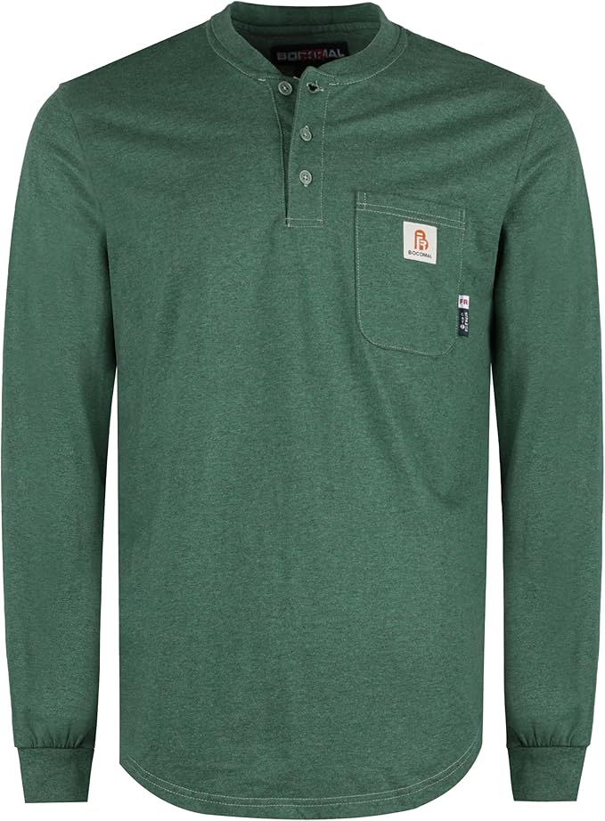 BOCOMAL FR Shirts 6oz Lightweight Flame Resistant Long Sleeve Henley Shirt Fire Retardant Workwear NFPA2112 CAT2