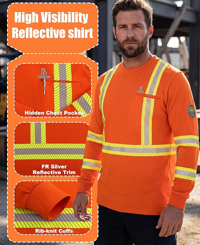 BOCOMAL FR Hi-Vis Shirts 6oz Lightweight High Visibility Reflective Flame Resistant/Fire Retardant Shirt Men's Safety Shirts