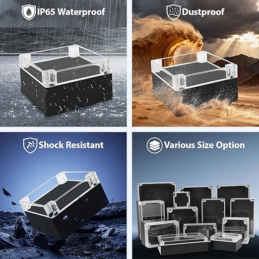 LeMotech Electrical Box Clear Cover Project Box IP65 Waterproof Junction Box ABS Plastic Case Universal Enclosure for Electronics, Black 6.1"x 6.1"x 3.4"(160x160x90mm)(Pack of 1)