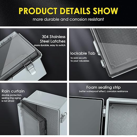 Waterproof Electrical Junction Box, IP67 ABS Plastic Junction Box Enclosure with Aluminum DIN Rail, Mounting Plate, Wall Brackets for WiFi Electronics Project, Clear (11.4"×7.5"×5.5")