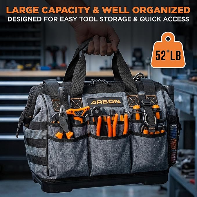 Arbon Electrician Tool Bag – Heavy Duty Organizer with 34 Pockets, Large Storage for Men, 5-Layer Reinforced Walls, Metal Frame, Hard Molded Base, Water Resistant Polyester PP Plastic, Grey, 52+ lb