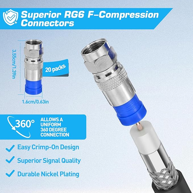 Coax Cable Crimper Kit for RG59 RG6, 3-in-1 Coaxial Tool Set, Includes Stripper & 20PCS F Connectors, Compatible with RG11/RG7, for Satellite TV, Home Theater & Network Cabling