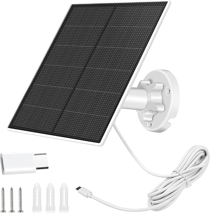 Solar Panel Charger for Security Camera Outdoor, 5W Solar Panels with Micro USB & USB C Adapter for DC 5V Rechargeable Battery Camera, IP65 Waterproof, 360°Adjustable Mounting, 9.8 Ft Charging Cable
