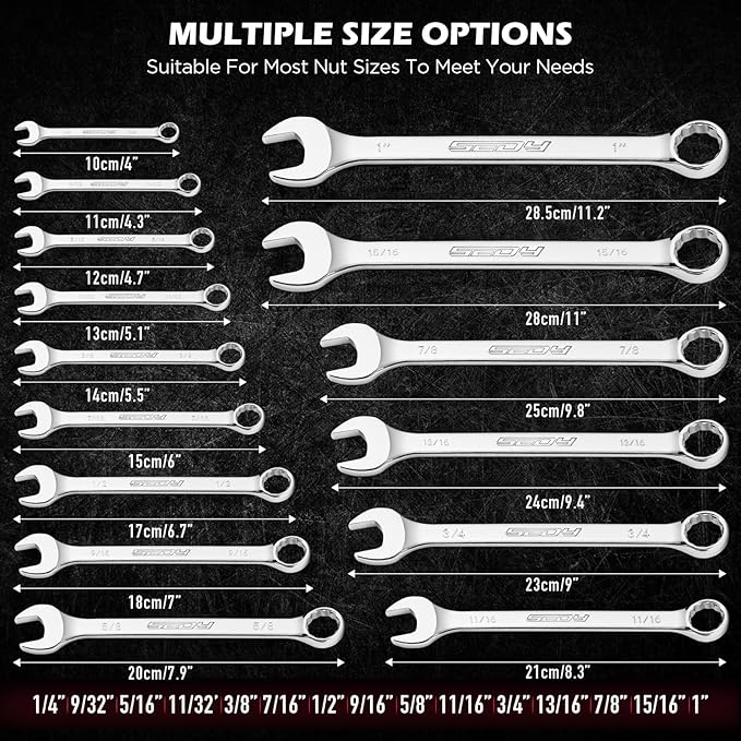 15-Piece SAE Combination Wrench Set, 1/4''–1'' 12-Point Open End and Box End Wrench Kit with Organizer, Chrome Vanadium Steel Tools for Mechanics, Garages and Workshops