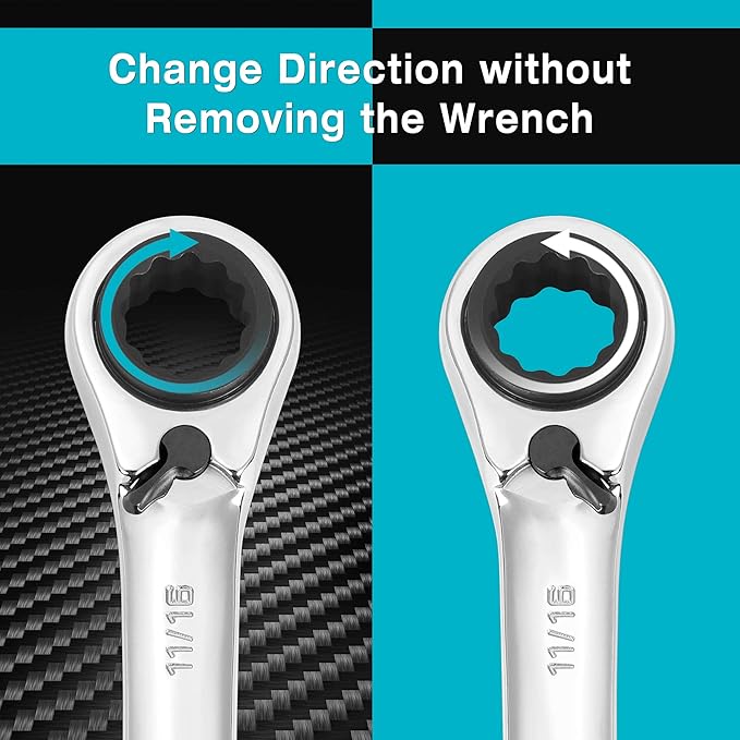 DURATECH 4-in-1 Reversible Ratcheting Box Wrench Set, Double Box End, SAE, 2-Piece, 5/16, 3/8, 7/16, 1/2 & 9/16, 5/8, 11/16, 3/4-Inch, CR-V Steel, Mirror Polished, with Rolling Pouch