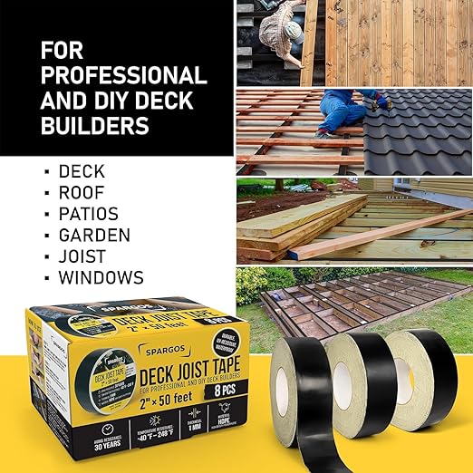 Deck Joist Tape for Decking, 2 inch x 50 Feet Roll, 8-Pack – Self-Adhesive Butyl Waterproof Flashing Tape, Protects Deck Beams from Rot and Decay, Easy-to-Apply