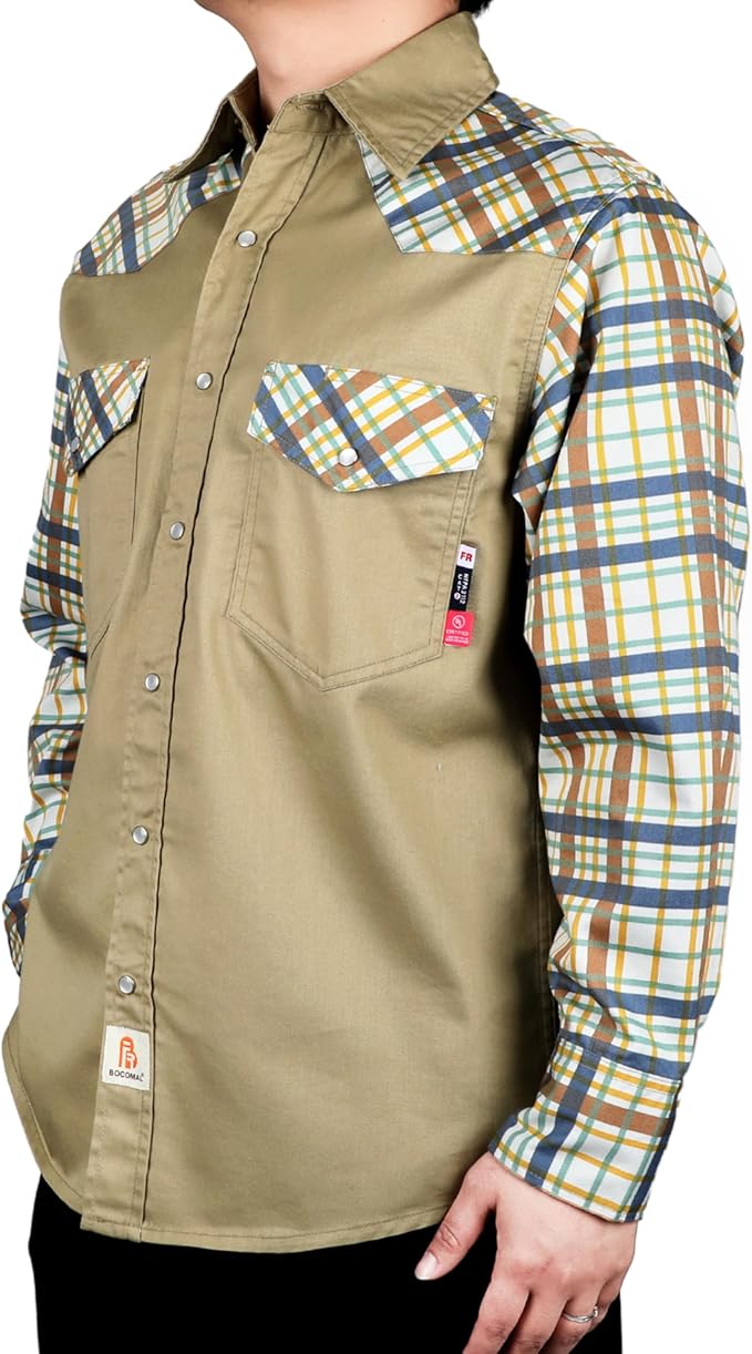 BOCOMAL FR Shirts Pearl Snaps Two Tone Plaid/Solid Flame Resistant Cotton Welding Shirt NFPA 2112 CAT 2