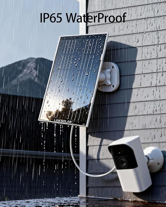 Solar Panel for Security Camera Outdoor, 5W Solar Charger with Micro USB, DC & USB-C Port for Outdoor Rechargeable Battery Camera, IP65 Waterproof, 9.8ft Cable, 360°Adjustable Bracket