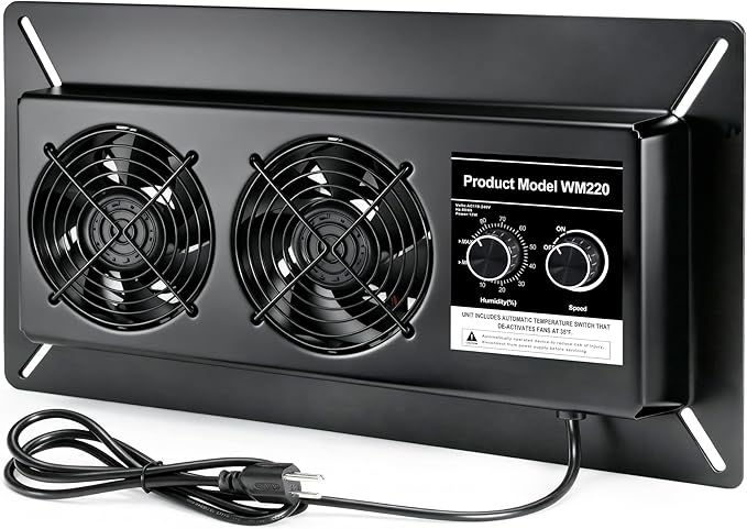 220 CFM Crawl Space Vent Fan with Dehumidistat & Thermostat, Dual Knobs for Speed & Humidity Control, 3000 RPM, Reduces Indoor Radon, Humidity & Odors, High-Efficiency Ventilation