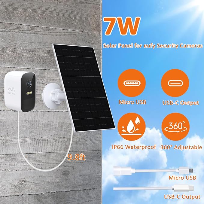 7W Solar Panel Compatible with Eufycam, USB-C Solar Charger for 5V Battery Cameras, IP66 Waterproof, 360° Adjustable Mount, 9.8ft Charging Cable, 2 Pack