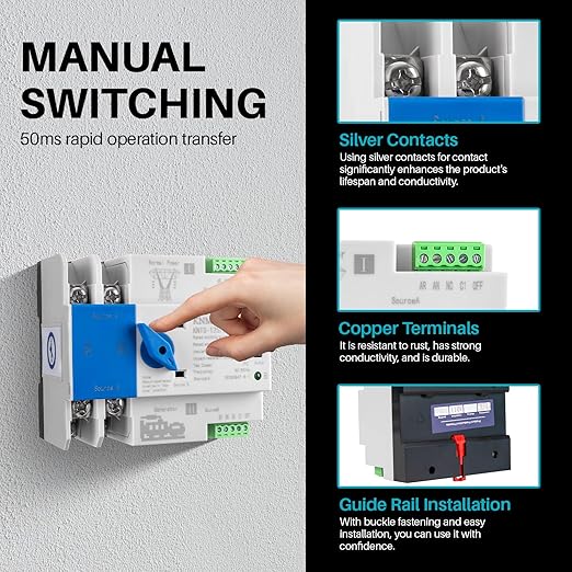 ATS Automatic Transfer Switch 2P AC110V 63A 50/60Hz ATS Dual Power Switch Electrical Selector Switches for Home Generator DIN Rail Mount (2P 63A)