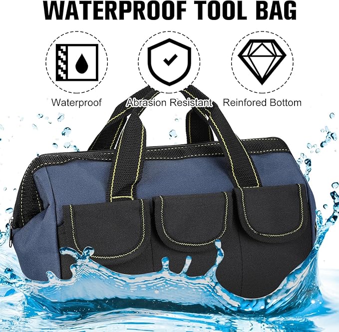 Sanwuta 3 Pack Tool Bag for Men with Waterproof Hard Bottom, Heavy Duty Tool Bag Wide Mouth Tote for Various Instrument, Electrician Carpenter Mechanic(Blue, Red, Yellow,16 Inch,Classic)