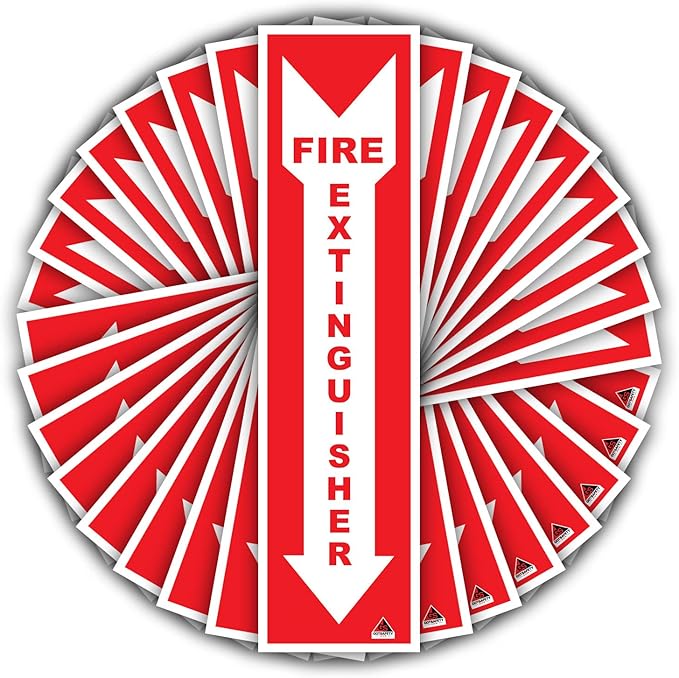 Fire Extinguisher Sign Stickers [25 Pack]- 4"X 2" Permanent Adhesive Label for Indoor Use. High Visibility Fire Extinguisher Sign for Use with Fire Extinguisher Hanger Or Fire Extinguisher Cabinet