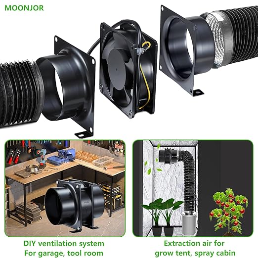 4inch Axial Fan Kit, Exhaust Extractor Blower Ventilation Fan with Button Switch, Dryer Hose for Grow Tent, HVAC, 3D Printer