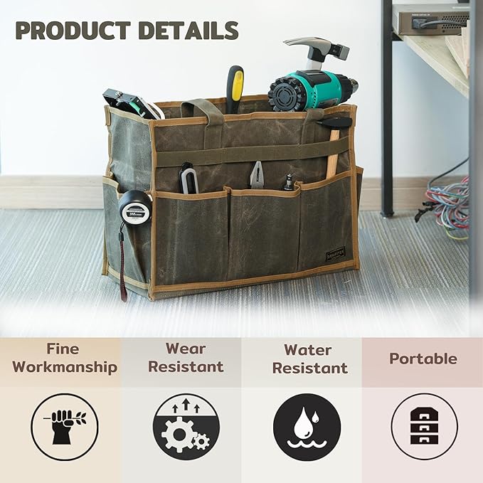 Canvas Large Tool Bag - A Large Main Pocket and 14 Insert Pockets - Durable 16oz Waxed Canvas Tool Case with Handle - 16.5 X 7 X 12 inch | ArmyGreen