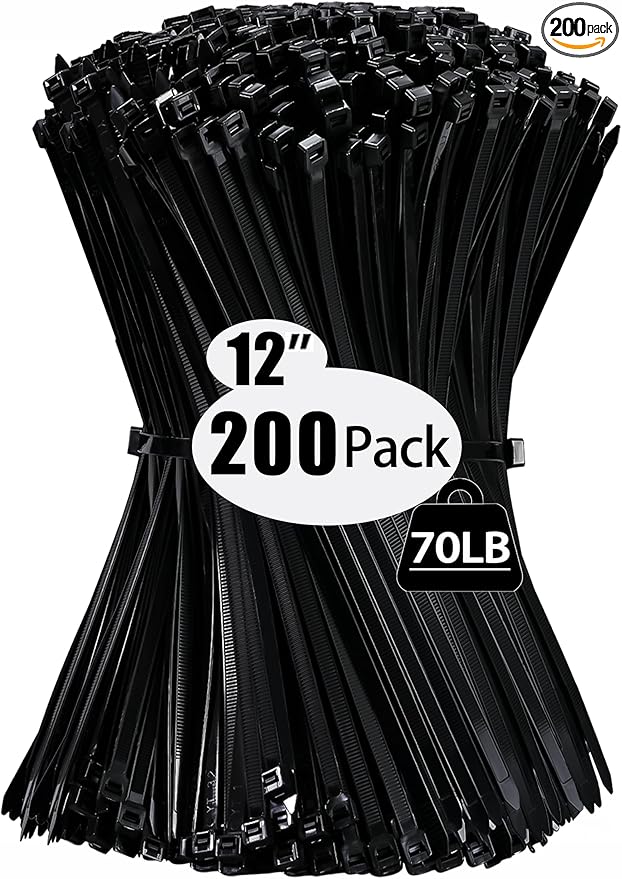 200 Pack Zip Wire Ties 12 Inch Cable Zip Ties Black Tie Wraps with 70 Pounds Tensile Strength, Self-Locking Cable Ties, UV Resistant Thick Nylon Wire Ties for Indoor and Outdoor Black