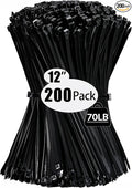 200 Pack Zip Wire Ties 12 Inch Cable Zip Ties Black Tie Wraps with 70 Pounds Tensile Strength, Self-Locking Cable Ties, UV Resistant Thick Nylon Wire Ties for Indoor and Outdoor Black