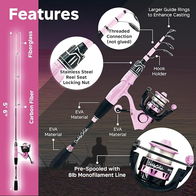 DaddyGoFish Spinning Fishing Rod and Reel Combo Set with Tackle Box | Kids Fishing Pole | Carbon Fiber Telescopic Fishing Rod Kit | Spinning Reel for Travel Saltwater Freshwater Fishing Gear Kit