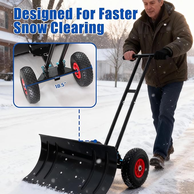 Snow Shovel with 2 Wheel(10 inch), 29in Heavy Duty Snow Plow Hand Pusher for Driveway, 5 Level Adjustable Blade Angle & Height Ergonomic Handle, Sidewalk and Pavement Clearing