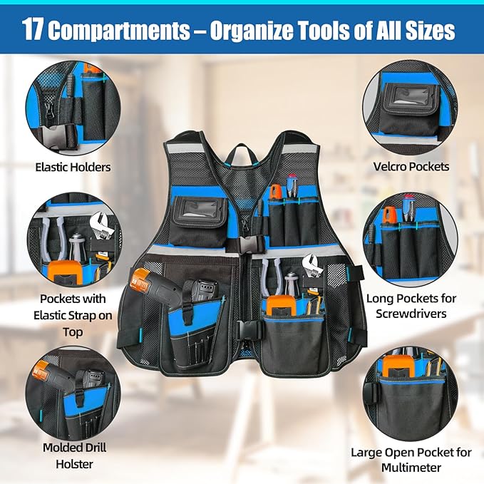 Electrician Tool Vest for Men, Tool Vest Electrician with Molded Drill Holster, 1680D Heavy Duty Adjustable Work Vest, Reflective Workwear with 16 Storage Spaces (Blue)