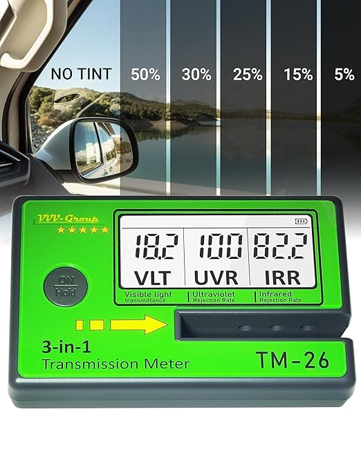 Digital Window Tint Meter TM-26 – Automotive VLT Tester with UVR & IRR Measurement, 8mm Slot Light Transmittance Meter for Car Side Windows and Solar Film Inspection (Without PU Case)