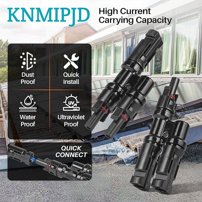 Solar Panel Connector 5 Pair 2 to 1 T Branch Parallel Adapter, 30A 1000V 10AWG Tool-Free IP68 Waterproof Cable for Solar Panels (T Branch, 2to1(5Pairs))
