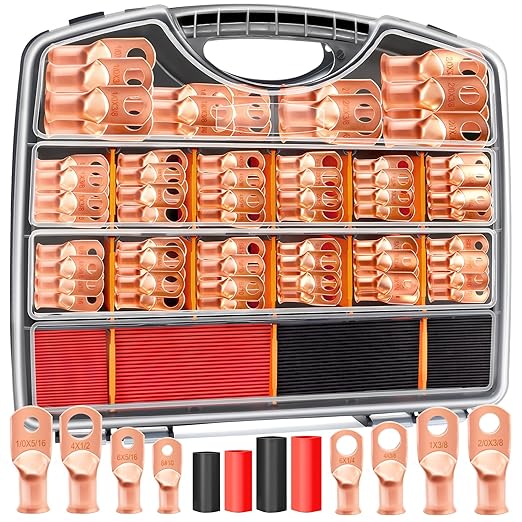 mankk 230PCS Copper Wire Lugs AWG 1 2 4 6 8 1/0 2/0 Gauge Battery Terminal Connectors Battery Cable Ends Connectors Copper Ring Terminal Kit with 3:1 Heat Shrink Tubing