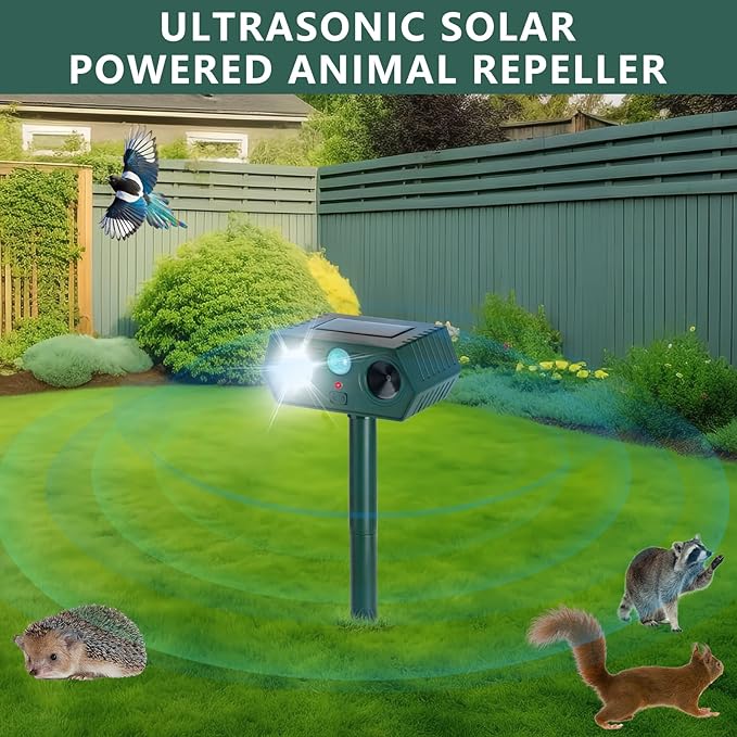 2Pack 2026 Ultrasonic Animal Repellent Outdoor Deer Repellent Devices Solar Animal Repeller Motion Activated Deterrent to Scare Cat Squirrel Rabbit Raccoon Skunk with LED Flash Lights for Yard Lawn